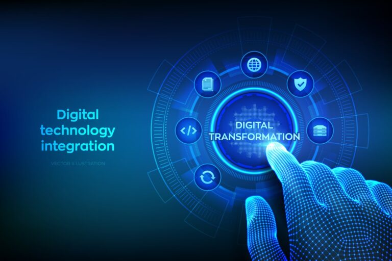 Digital transformation. Digitization of business processes modern technology concept on virtual screen. Disruption, innovation solutions. Wireframe hand touching digital interface. Vector illustration