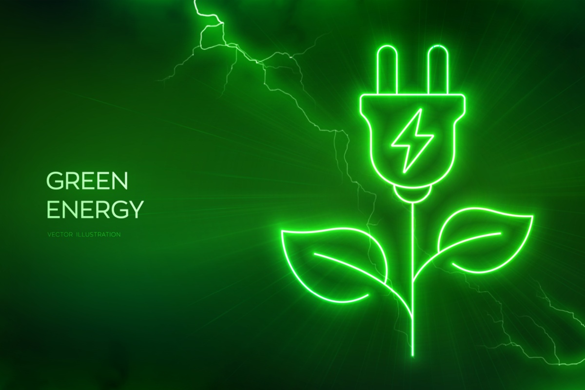 Green energy icon. Clean alternative energy power technology concept. Electric plug glow icon. Energy Efficiency. Alternative fuel. Lightning spark Electric discharge effects. Vector illustration.