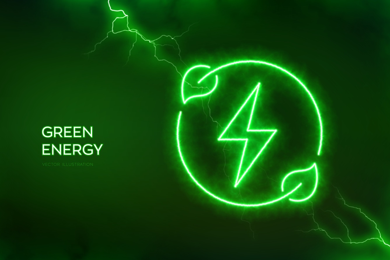 Renewable green energy icon. Clean alternative energy power technology concept. Icon with electrical energy glow effect. Lightning spark or electric discharge effects background. Vector illustration.