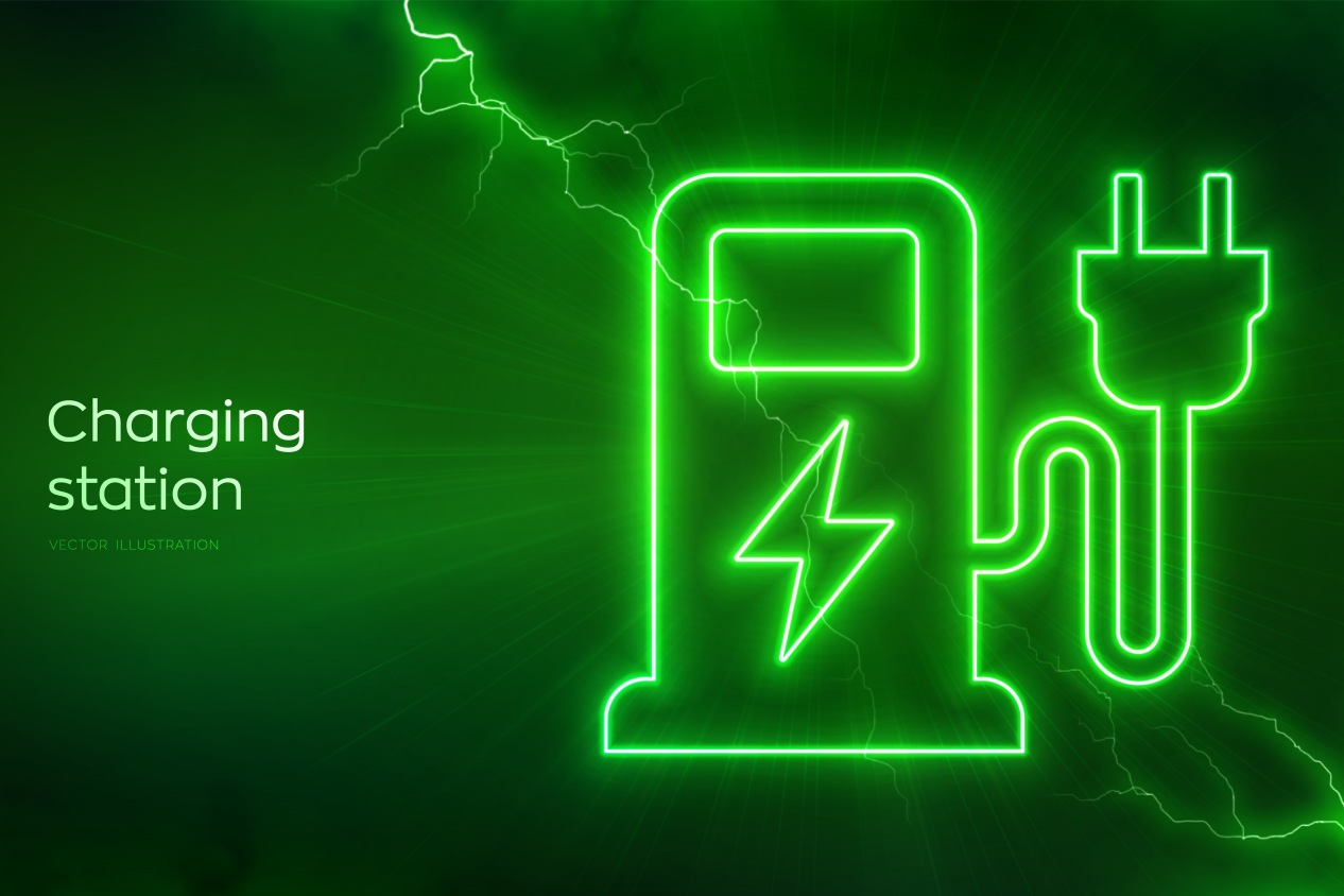 Electric vehicles charging point. Charging station icon with electrical energy glow. Electric Supply Station. Energy Efficiency. Alternative fuel. Electric discharge effects. Vector illustration.