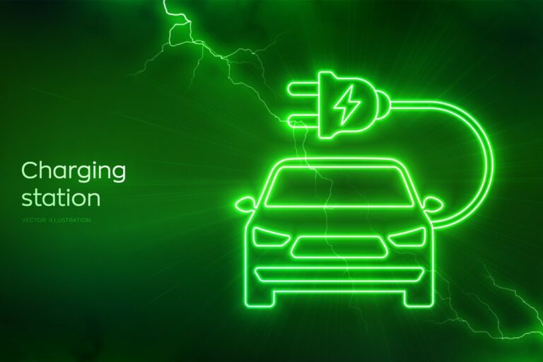 Electric vehicles charging point. Charging station icon with electrical energy glow. Electric Supply Station. Energy Efficiency. Alternative fuel. Electric discharge effects. Vector illustration.
