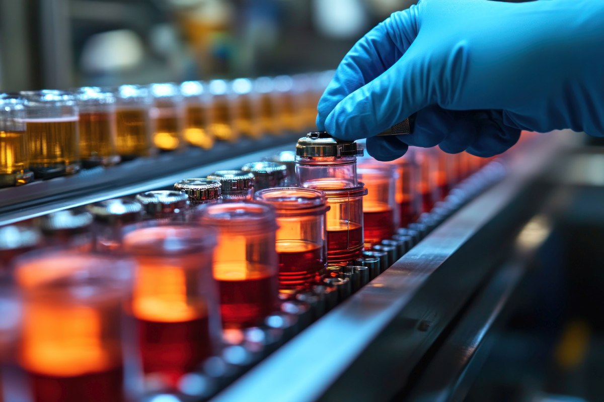 Gloved hand inspecting samples on a production line.